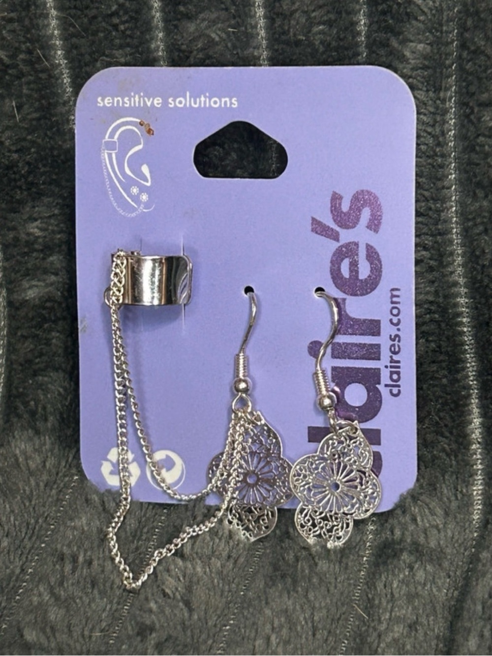 Claire's Silver Filigree Drop Earrings with Chain Ear Cuff